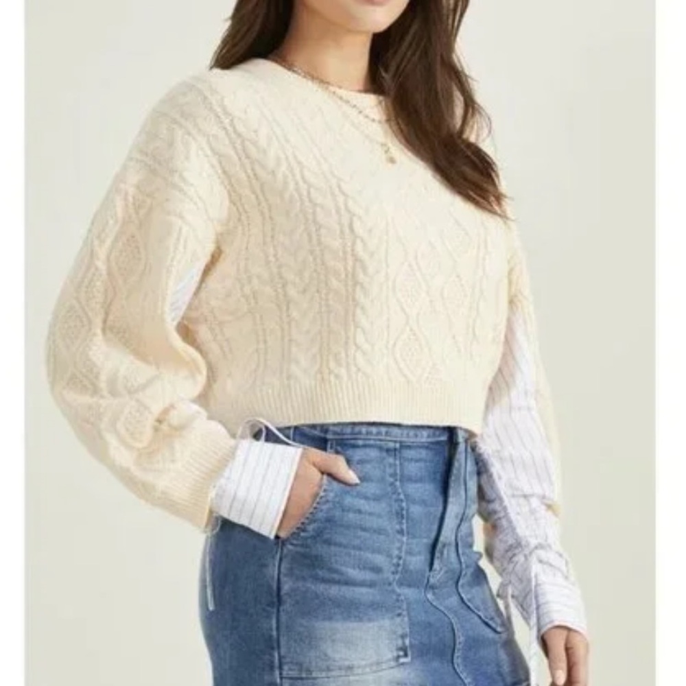 Altar'd State Maria Mixed Media Cable Knit Crop Sweater Ivory Stripe Sleeve-XS